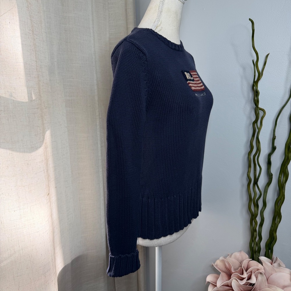 Vintage Polo Jeans Ralph Lauren USA Flag Knit Sweater Navy Blue Women's Medium - Picture 7 of 8